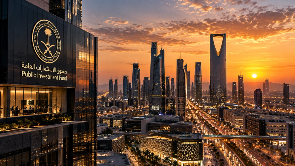 Illustration éditoriale de Riyad au coucher du soleil avec le Public Investment Fund au premier plan.