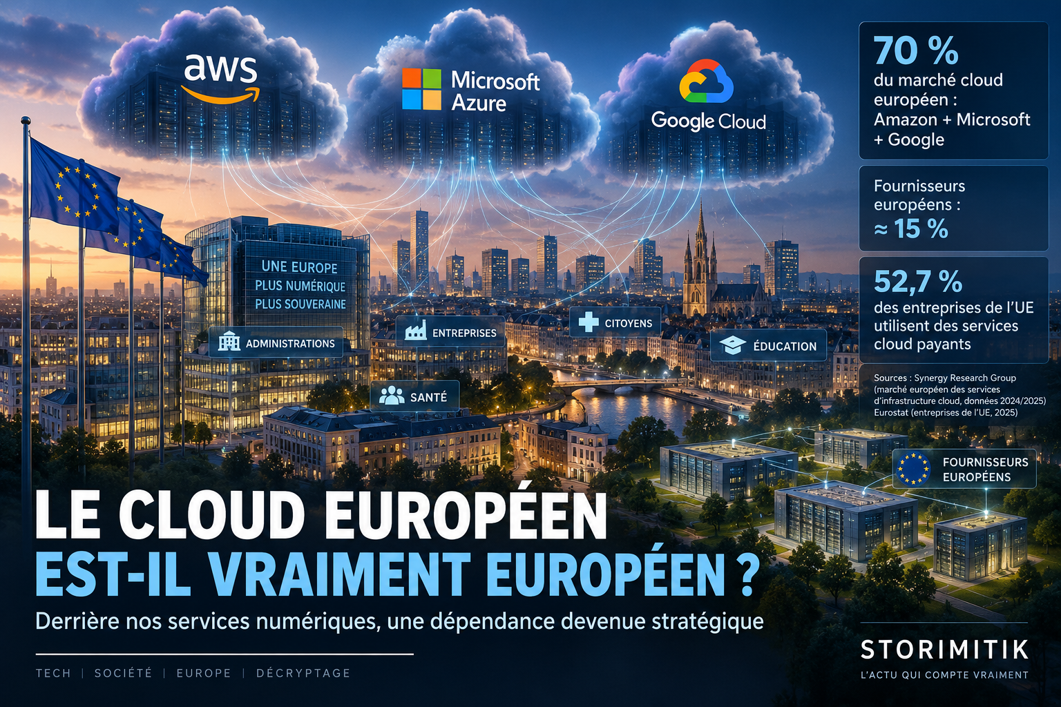 Illustration conceptuelle du cloud européen dominé par AWS, Microsoft Azure et Google Cloud, avec infrastructures et institutions européennes.