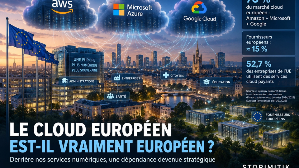 Illustration conceptuelle du cloud européen dominé par AWS, Microsoft Azure et Google Cloud, avec infrastructures et institutions européennes.