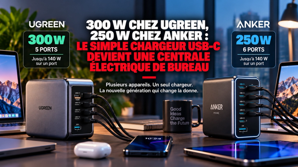 Illustration éditoriale STORIMITIK comparant un chargeur UGREEN 300 W à un Anker Prime 250 W sur un bureau multiappareil.