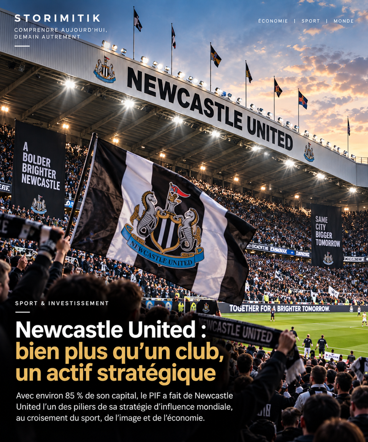 Illustration éditoriale du stade de Newcastle United rempli de supporters et de drapeaux du club.