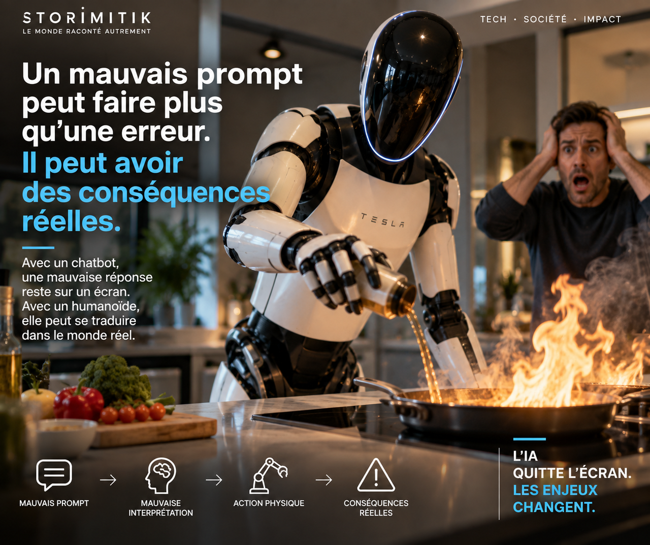 Illustration conceptuelle d’un humanoïde provoquant un incident domestique après une action inadaptée.