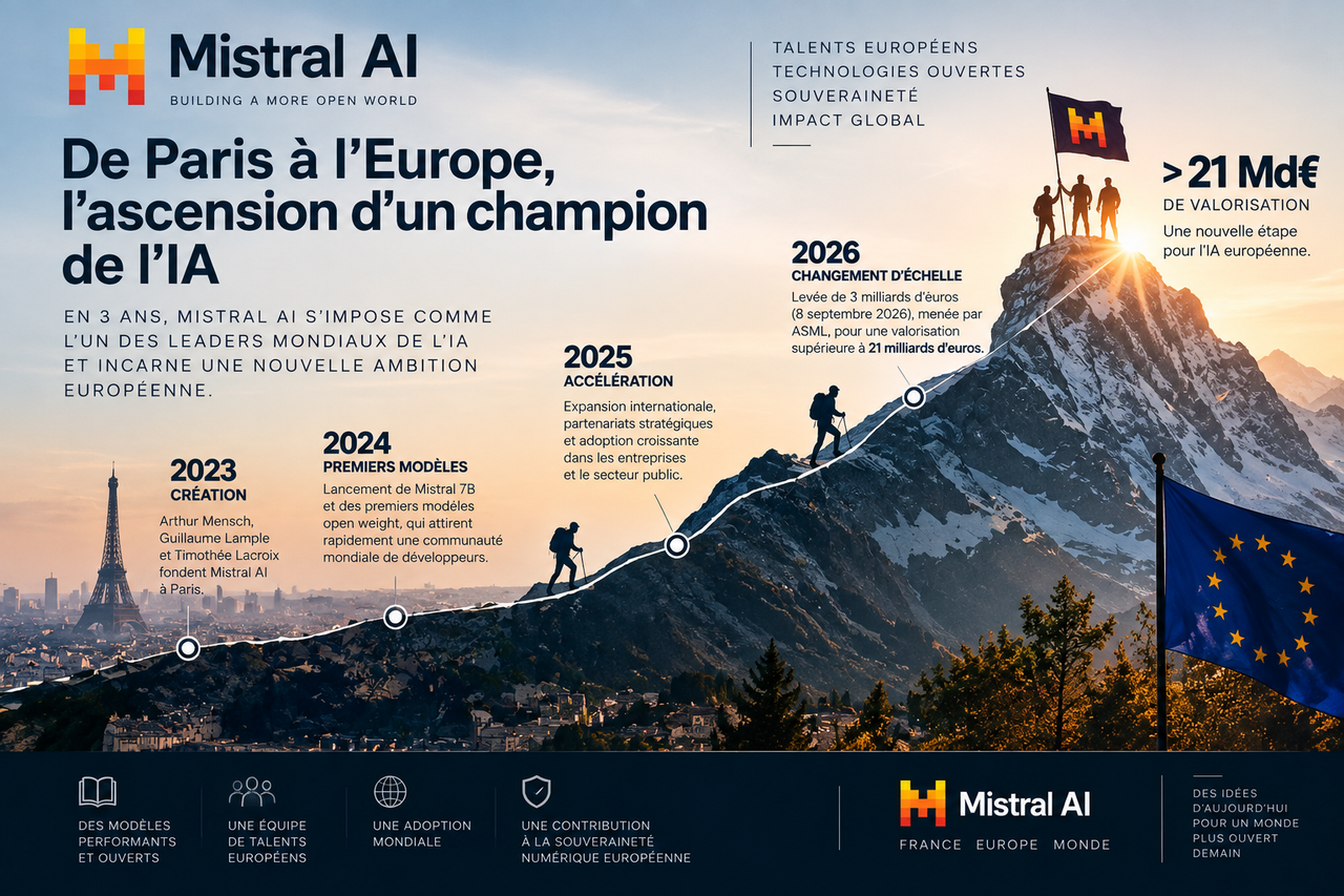 Infographie STORIMITIK retraçant l’ascension de Mistral AI de sa création en 2023 à une valorisation supérieure à 21 milliards d’euros en 2026.