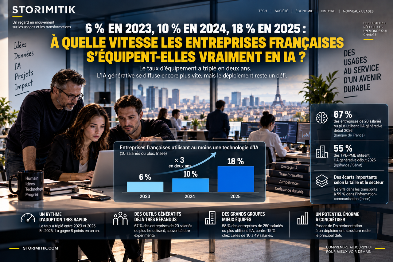 Infographie STORIMITIK sur l’accélération de l’adoption de l’IA dans les entreprises françaises entre 2023 et 2025.