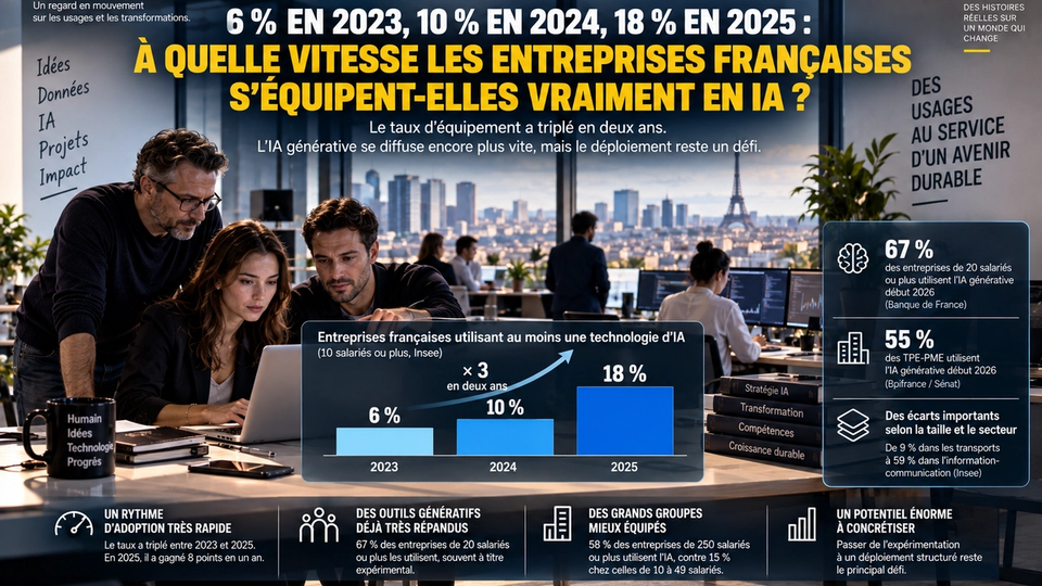 Infographie STORIMITIK sur l’accélération de l’adoption de l’IA dans les entreprises françaises entre 2023 et 2025.
