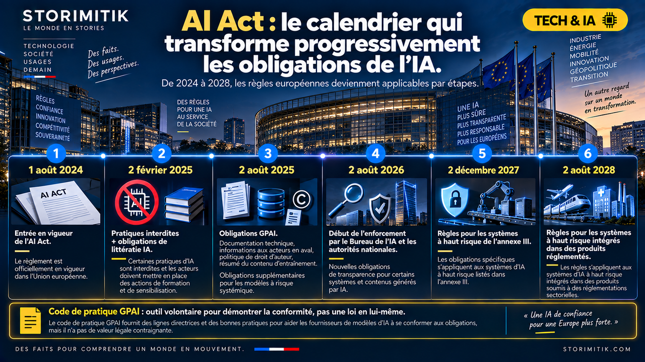 Frise STORIMITIK du calendrier d’application de l’AI Act entre 2024 et 2028, avec entrée en vigueur, pratiques interdites, obligations GPAI, enforcement et systèmes à haut risque.