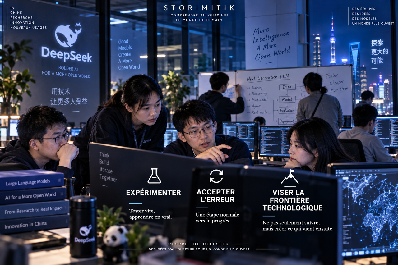 Illustration éditoriale STORIMITIK d’une équipe de recherche IA chinoise travaillant selon trois principes : expérimenter, accepter l’erreur et viser la frontière technologique.