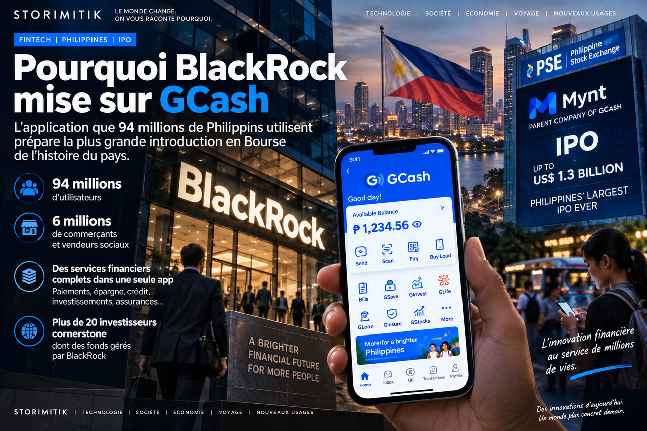 Illustration éditoriale reliant GCash, Mynt, l’IPO aux Philippines et la participation de fonds gérés par des entités BlackRock parmi les investisseurs cornerstone.