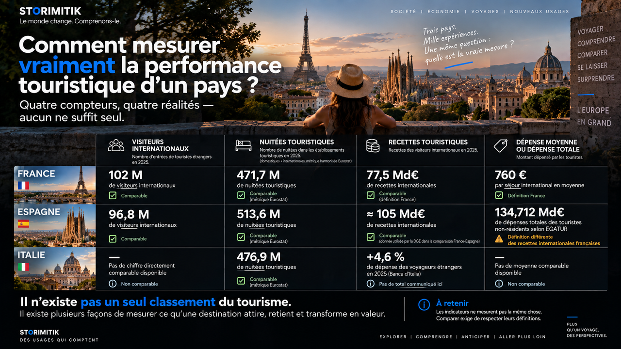Tableau de bord comparatif France, Espagne et Italie : visiteurs internationaux, nuitées, recettes et dépenses touristiques, avec limites de comparabilité.