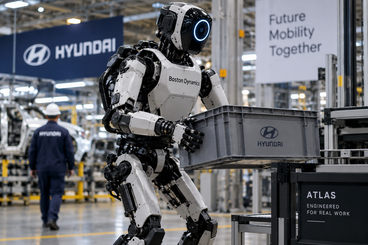 Illustration d’Atlas, le robot humanoïde de Boston Dynamics, manipulant un bac dans un environnement industriel Hyundai.