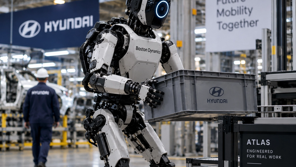 Illustration d’Atlas, le robot humanoïde de Boston Dynamics, manipulant un bac dans un environnement industriel Hyundai.