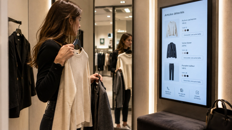 Photographie éditoriale réaliste d’une cliente dans une cabine d’essayage intelligente dont l’écran affiche les vêtements détectés et des options de taille et de couleur.