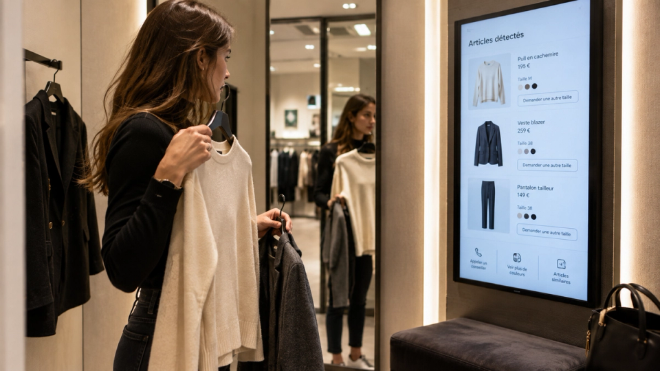 Photographie éditoriale réaliste d’une cliente dans une cabine d’essayage intelligente dont l’écran affiche les vêtements détectés et des options de taille et de couleur.