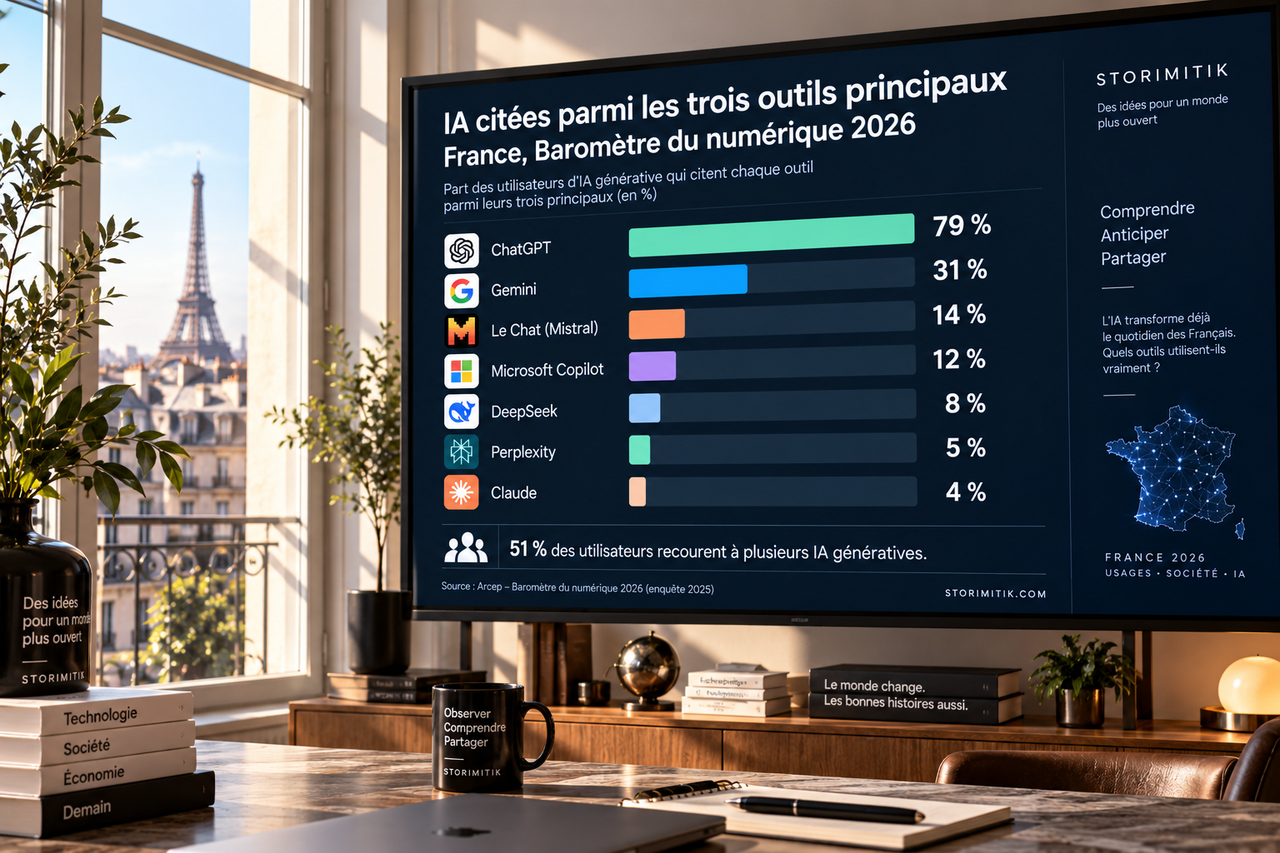 Infographie éditoriale présentant les IA citées parmi les trois outils principaux par les utilisateurs français d’IA générative.