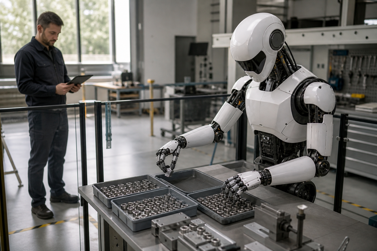 Illustration générée par IA : robot humanoïde générique triant des pièces dans un atelier, sous la supervision d’un technicien.