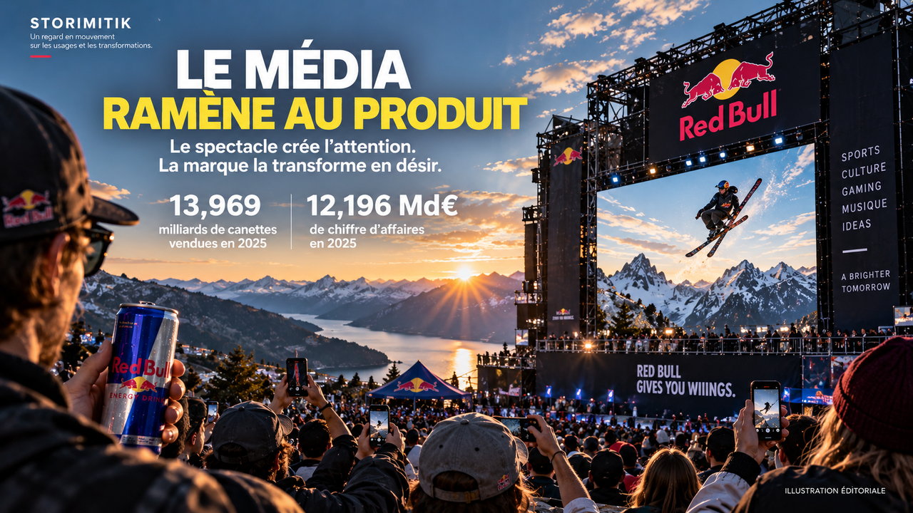 Illustration éditoriale d’un grand événement de sport extrême vu par une foule, reliant spectacle, attention et produit.