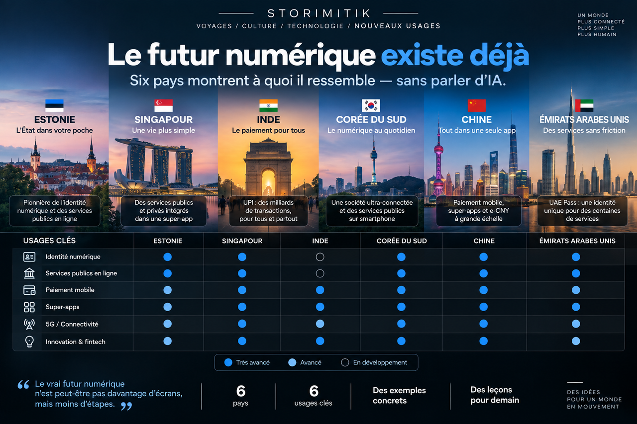 Infographie STORIMITIK comparant six pays sur plusieurs usages numériques : identité, services publics, paiement mobile, super-apps, connectivité et innovation.