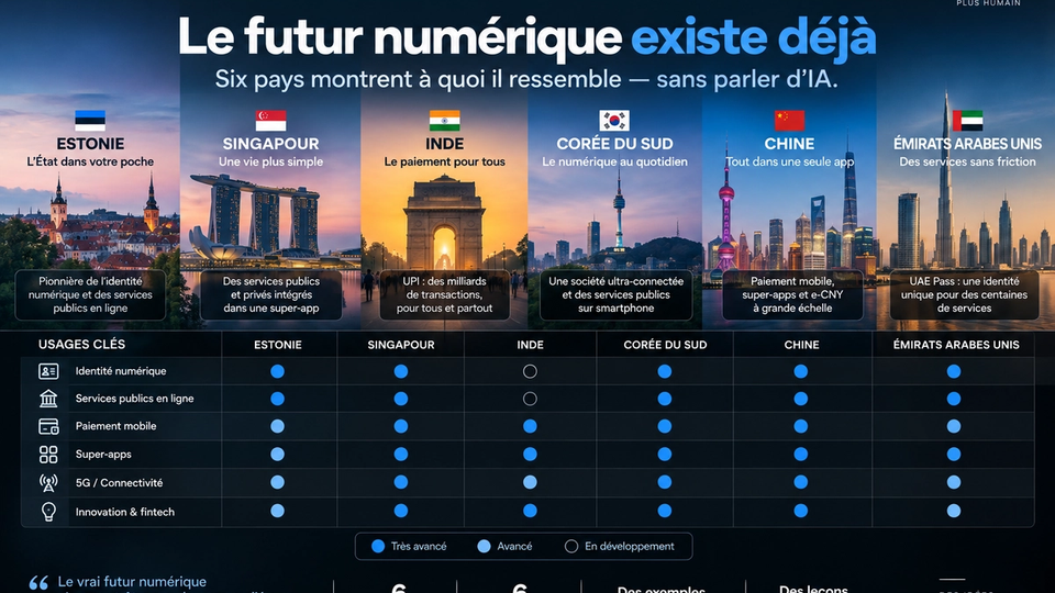 Infographie STORIMITIK comparant six pays sur plusieurs usages numériques : identité, services publics, paiement mobile, super-apps, connectivité et innovation.