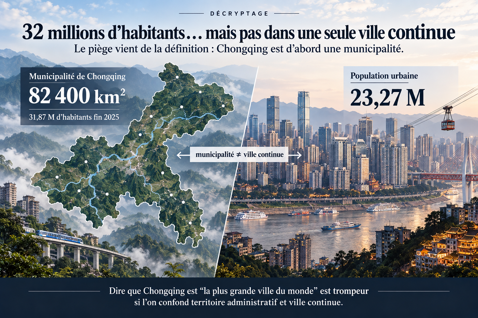 Illustration STORIMITIK comparant le territoire de la municipalité de Chongqing à son cœur urbain, avec les chiffres de population et de superficie.