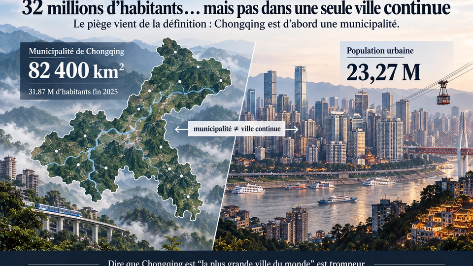 Illustration STORIMITIK comparant le territoire de la municipalité de Chongqing à son cœur urbain, avec les chiffres de population et de superficie.