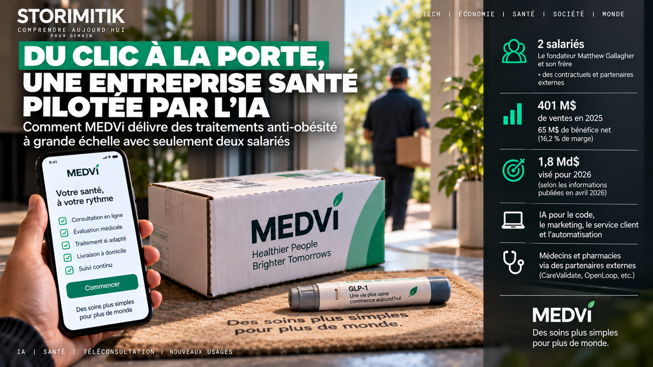 Illustration conceptuelle du parcours MEDVi, depuis la consultation en ligne jusqu’à la livraison à domicile et au suivi.