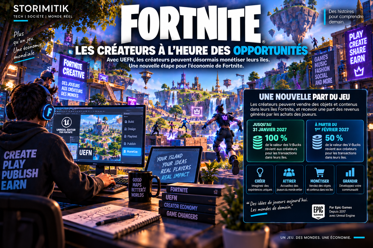 Illustration STORIMITIK montrant un créateur UEFN qui monétise son île Fortnite grâce aux transactions internes.