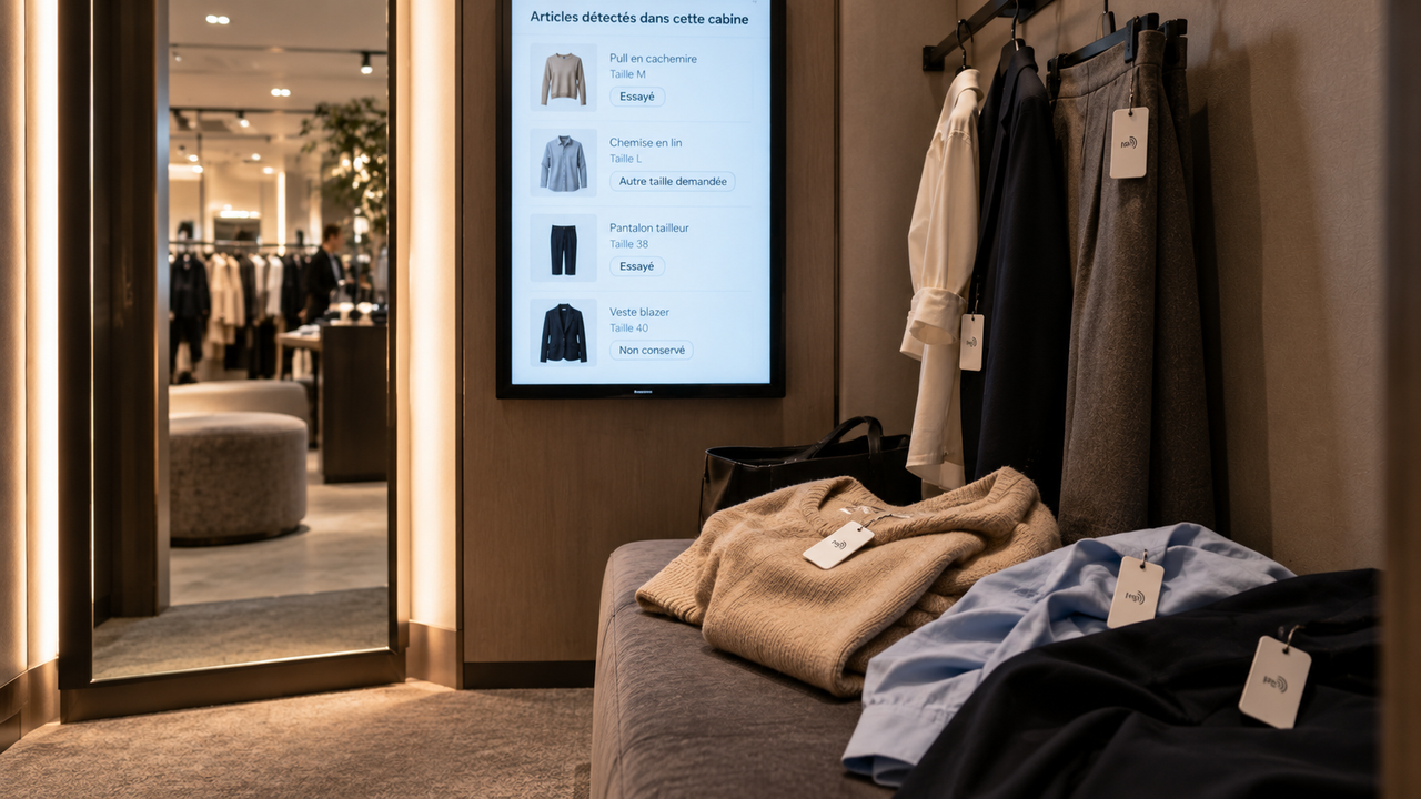 Photographie éditoriale réaliste d’une cabine d’essayage connectée avec plusieurs vêtements RFID et un écran listant des articles essayés, une demande de taille et un article non conservé.