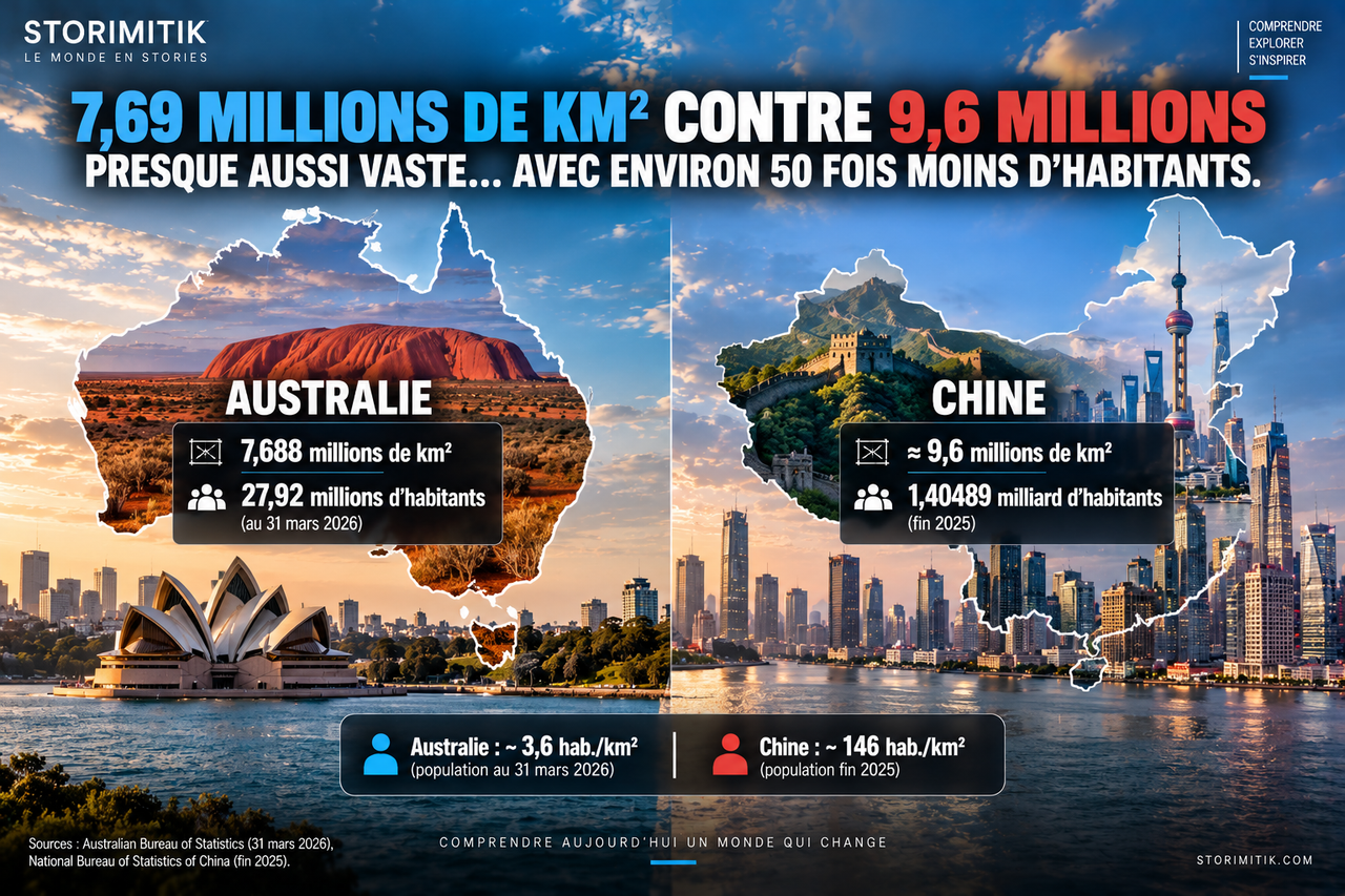 Illustration STORIMITIK comparant la superficie et la population de l’Australie et de la Chine.