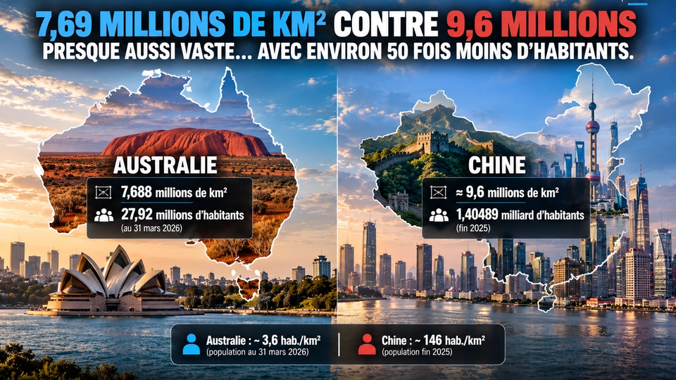 Illustration STORIMITIK comparant la superficie et la population de l’Australie et de la Chine.