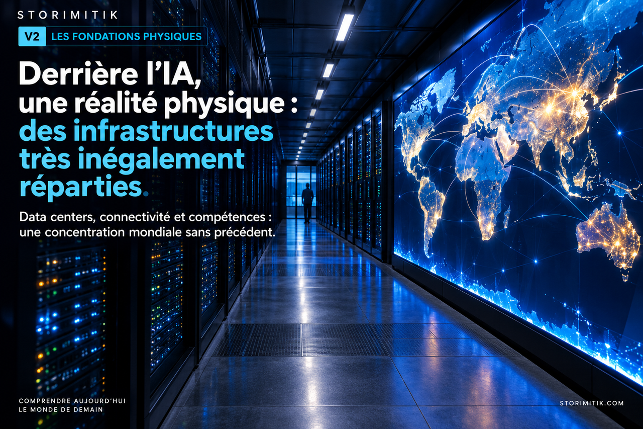 Illustration STORIMITIK d’un data center symbolisant la concentration mondiale des infrastructures nécessaires à l’intelligence artificielle.