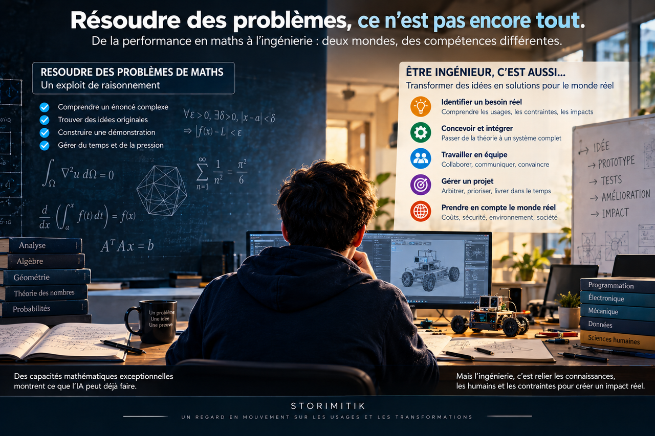 Illustration éditoriale STORIMITIK comparant la résolution de problèmes mathématiques à la conception de solutions d’ingénierie.