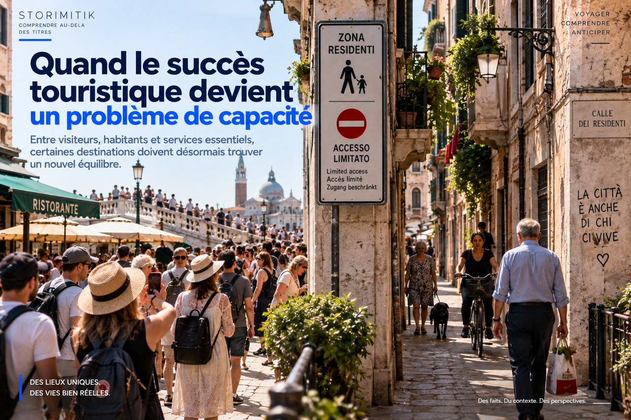 Visuel STORIMITIK montrant la tension entre une zone touristique très fréquentée et une rue résidentielle où se poursuit la vie quotidienne des habitants.
