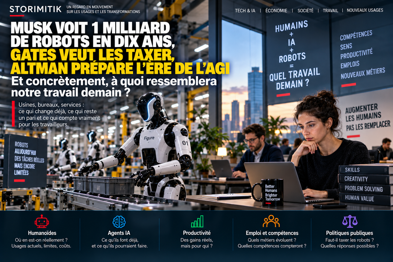 Illustration éditoriale STORIMITIK mettant en regard humanoïdes en usine et salariés utilisant des outils d’intelligence artificielle dans le travail tertiaire.