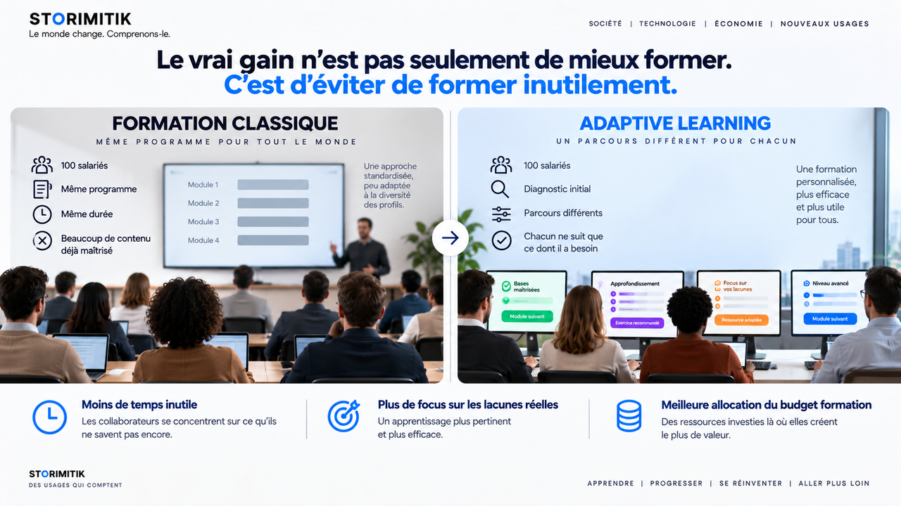 Comparaison entre une formation classique identique pour tous et un adaptive learning avec des parcours individualisés.