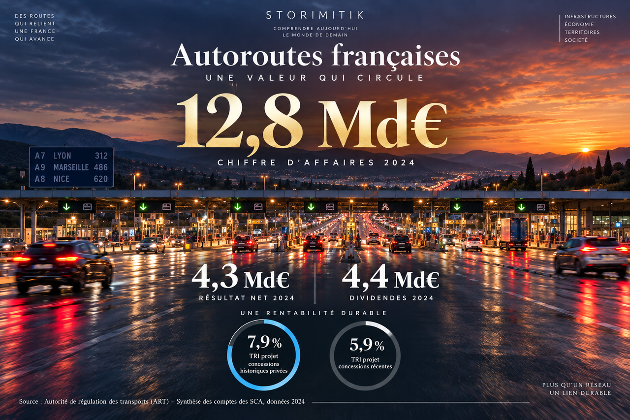 Visuel DATA STORIMITIK présentant cinq données 2024 sur les concessions autoroutières françaises : chiffre d’affaires, résultat net, dividendes et TRI projet.