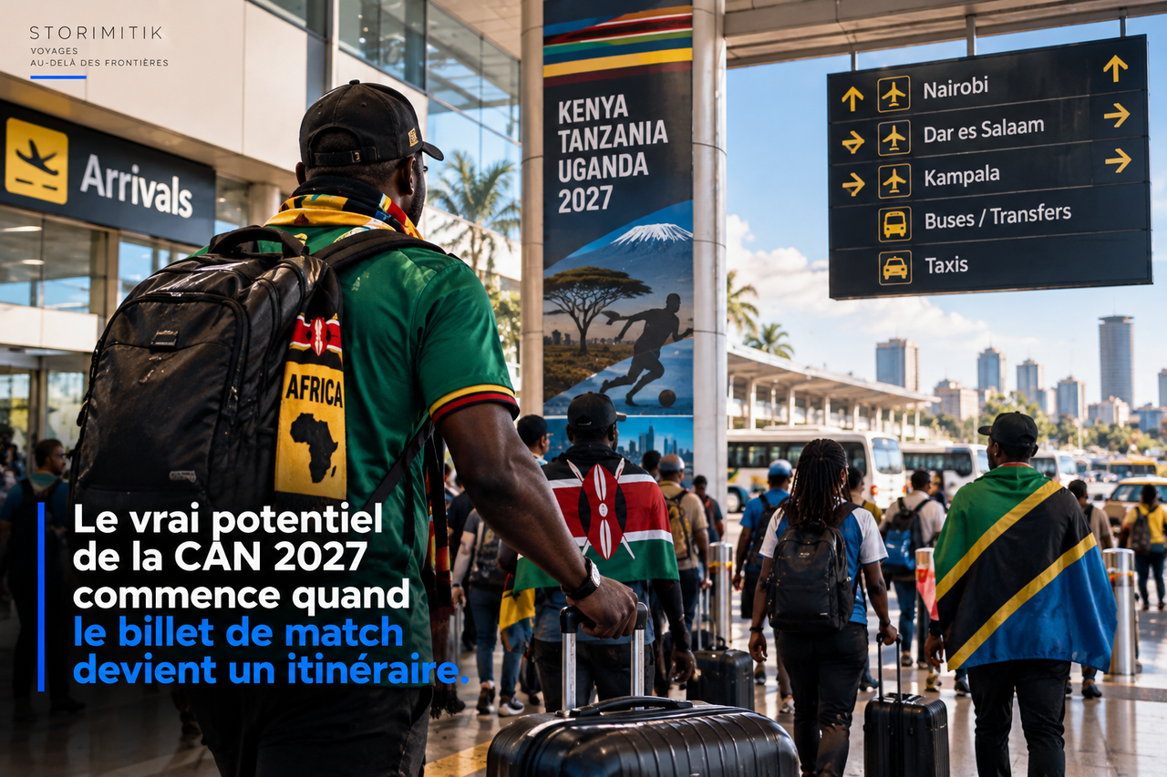 Supporter voyageant avec bagage dans un grand hub d’Afrique de l’Est à l’approche de la CAN 2027.