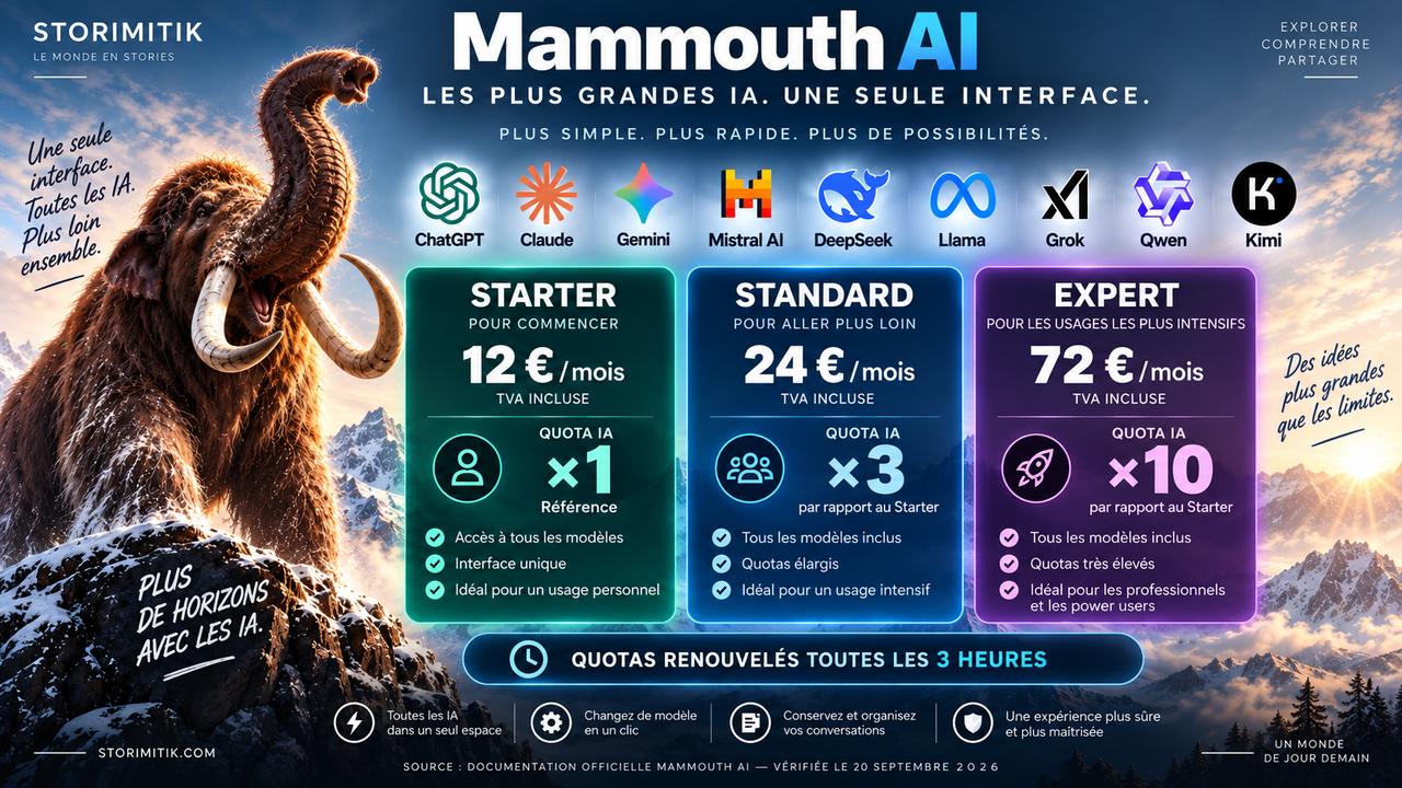 Infographie STORIMITIK présentant les offres Mammouth AI Starter, Standard et Expert avec leurs prix en euros et leurs niveaux de quotas.