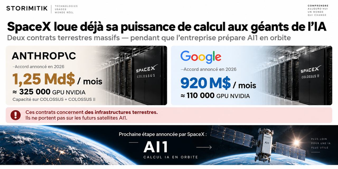 Infographie comparant les accords de capacité de calcul signés par SpaceX avec Anthropic et Google en 2026 : 1,25 milliard de dollars par mois pour environ 325 000 GPU côté Anthropic et 920 millions de dollars par mois pour environ 110 000 GPU côté Google.