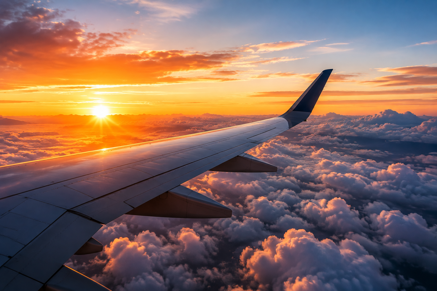 Aile d’avion au-dessus des nuages au coucher du soleil