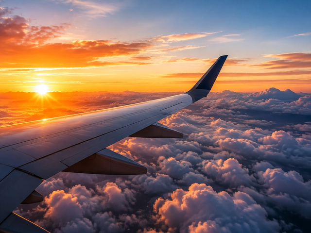 Aile d’avion au-dessus des nuages au coucher du soleil