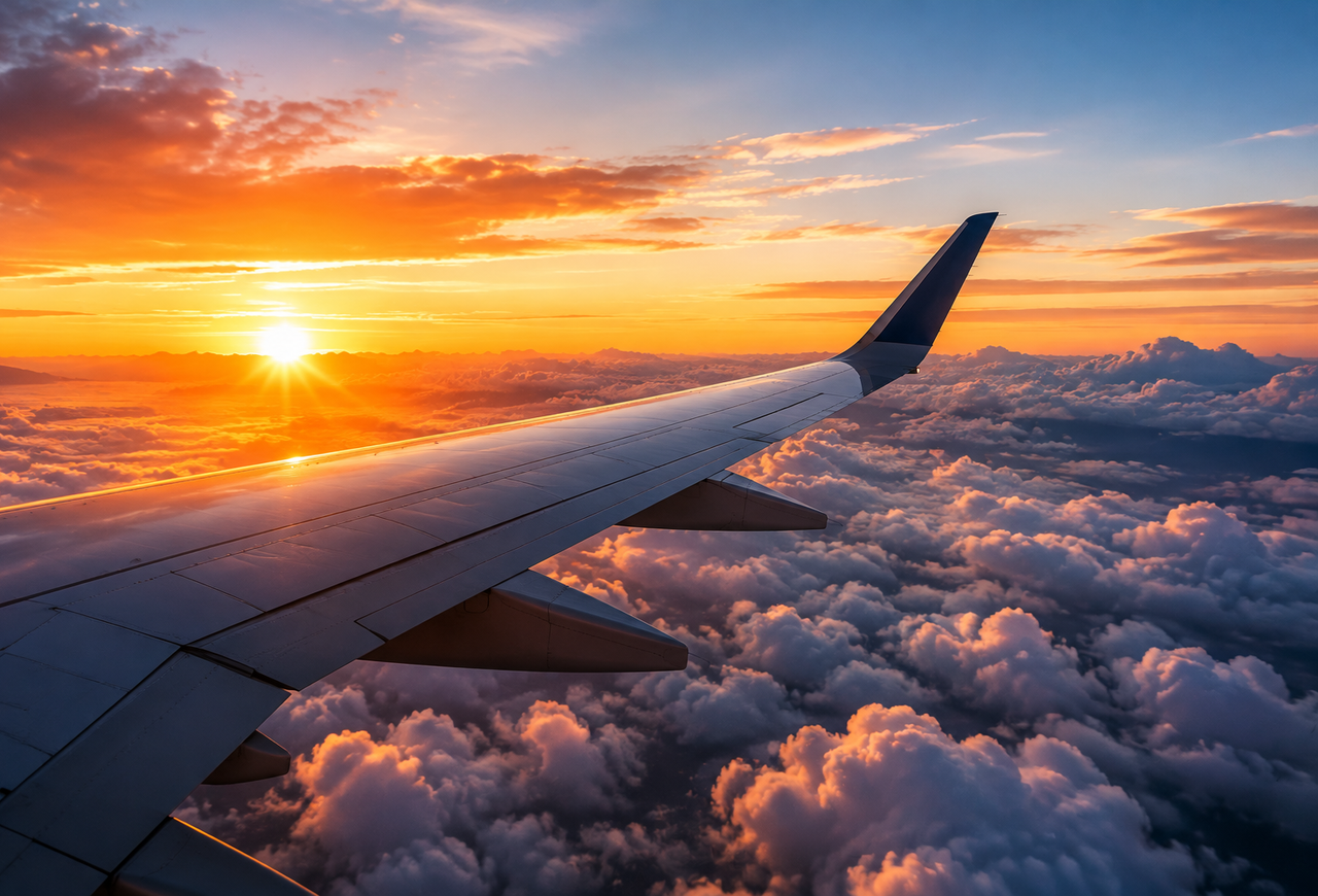 Aile d’avion au-dessus des nuages au coucher du soleil