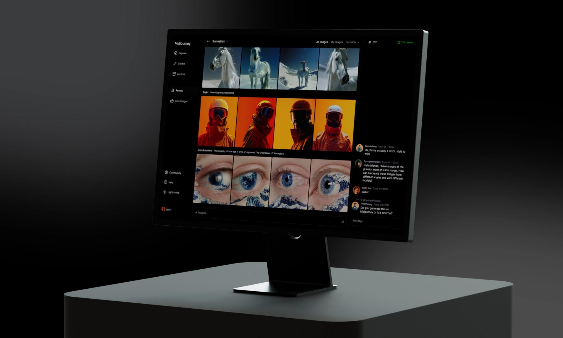 A sleek black desktop monitor on a pedestal displays the Midjourney web interface in dark mode. The screen shows a grid of surreal AI-generated images — including white horses, helmeted figures in orange, and a close-up of an eye with waves. A live chat panel appears on the right, with user comments and questions about image generation.