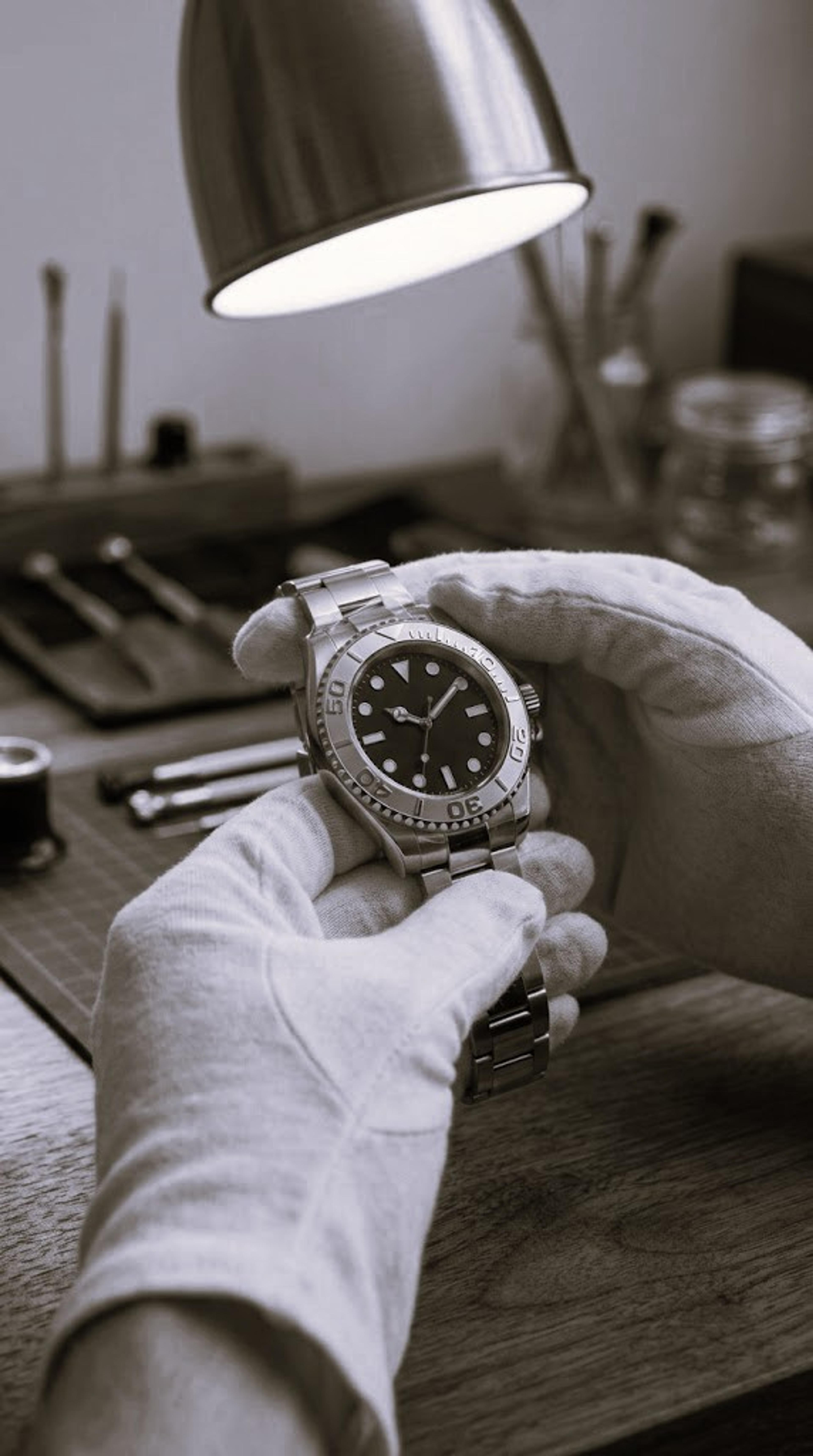 Gloved hands holding a steel dive watch at a watchmaker’s bench, with a loupe and tools behind