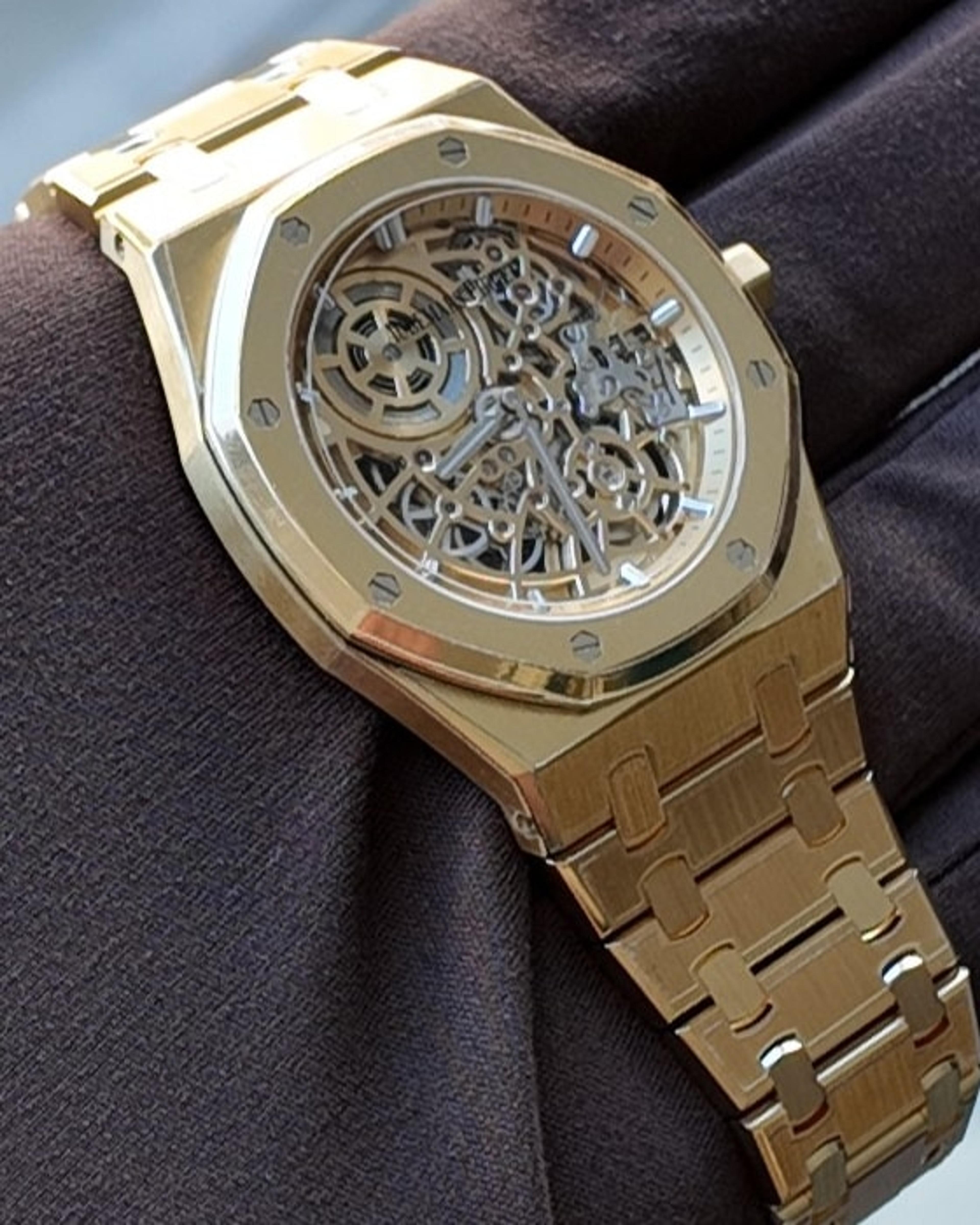 The same Royal Oak Openworked with protective film fitted, on a gloved hand