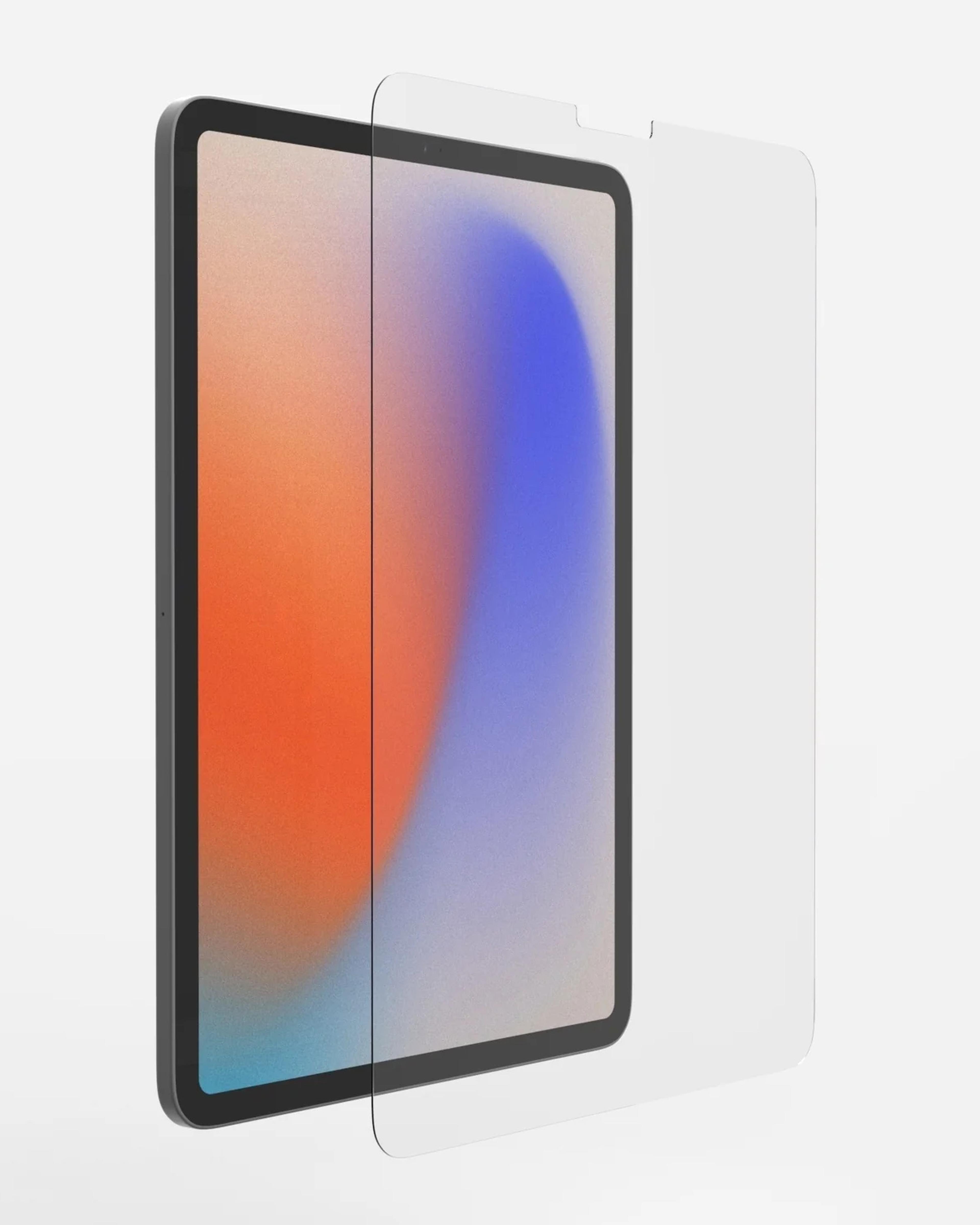 A tablet with a clear screen film lifted just away from the screen