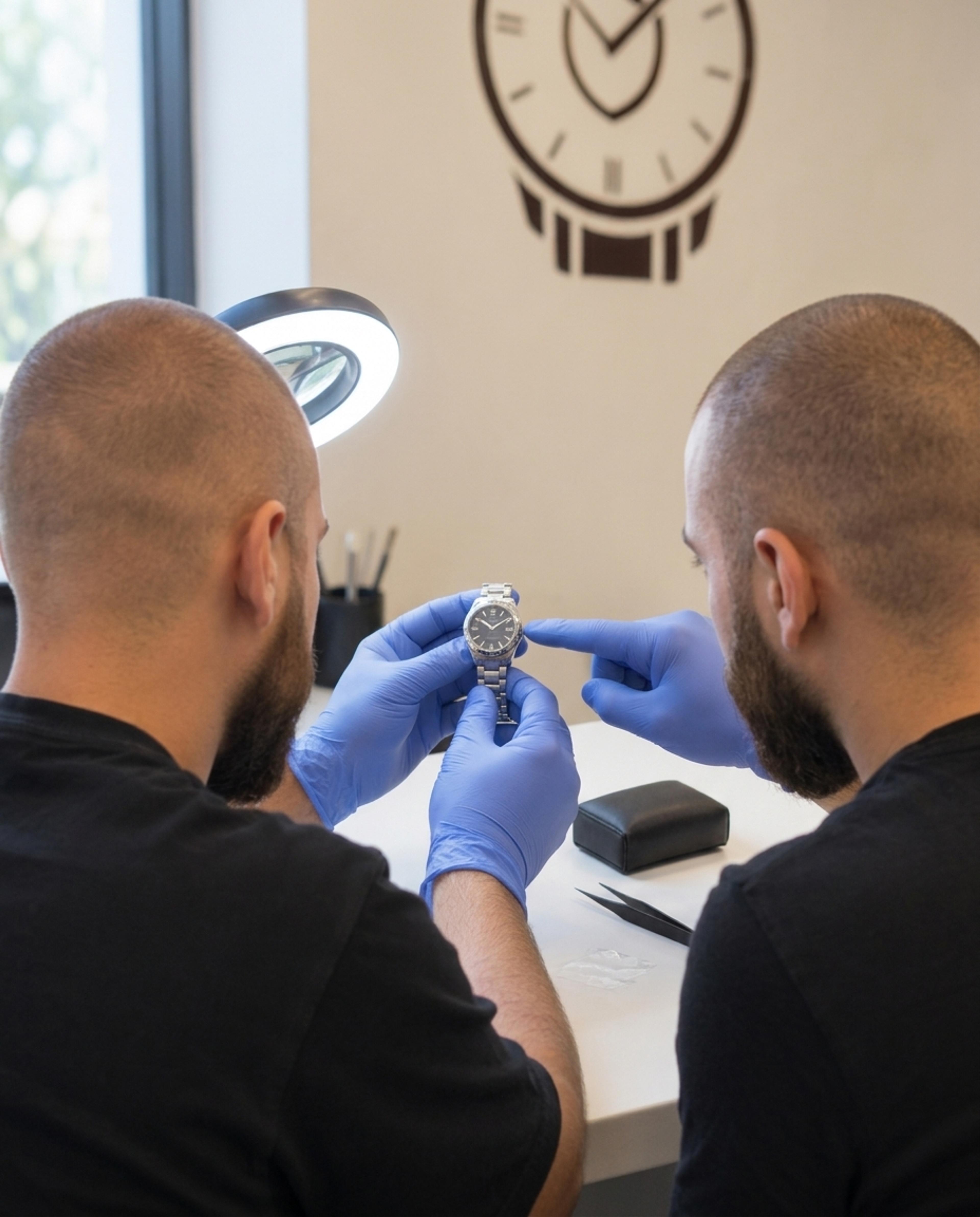 Jason and James at the studio bench in blue gloves, looking closely at a steel watch together