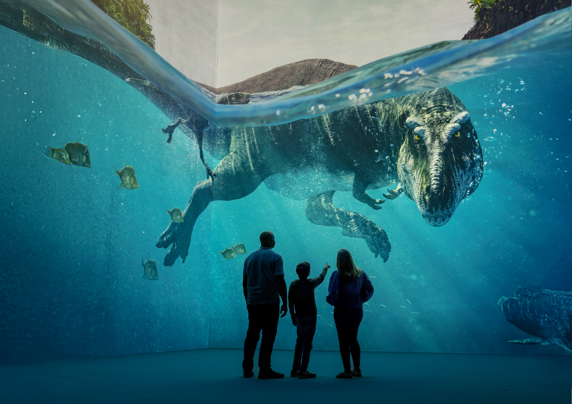 Familj tittar på t-rex som simmar i vattnet framför dem
