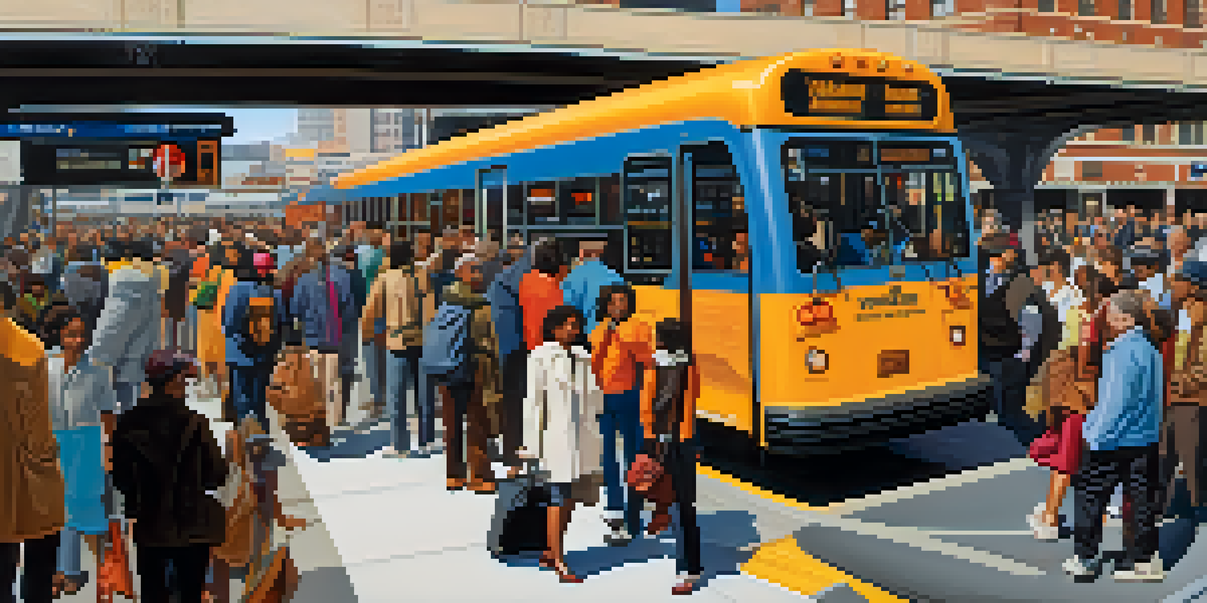 A busy transit station in Newark filled with diverse commuters, buses arriving, and sunlight illuminating the scene.
