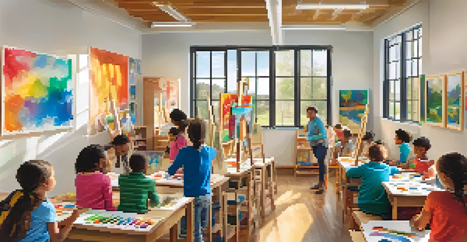 Children in an art class during an after-school program, painting on canvases with a supportive teacher, illuminated by sunlight.