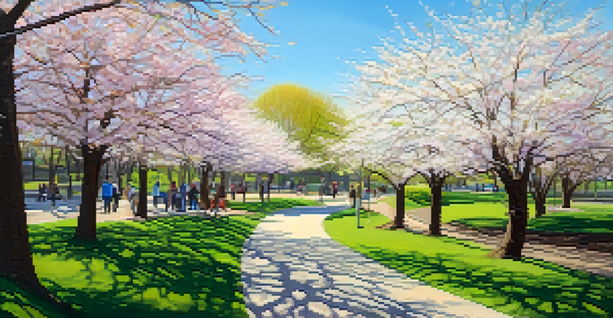 A picturesque scene of Branch Brook Park in Newark filled with blooming cherry blossoms, a winding path, and people enjoying the park under a clear blue sky.